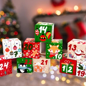Christmas advent calendar gift boxes with festive snowman and animal illustrations