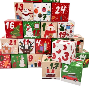 Detail of 24-piece Christmas advent calendar boxes with festive holiday illustrations