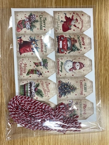 Retro Christmas kraft paper tags set featuring Santa and Snowman with red-white cotton twine