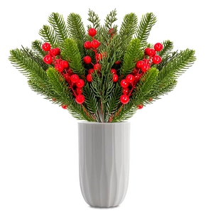 Detail of artificial pine branches with red berries in a white vase for Christmas decor