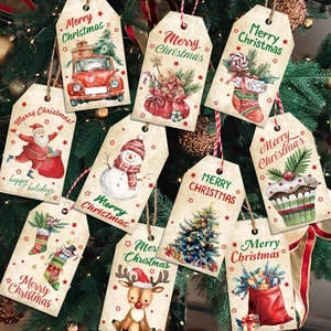 Vintage kraft paper Christmas gift tags with Santa and reindeer hanging on a tree
