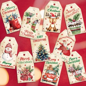 Retro kraft paper Christmas tags featuring Santa and reindeer on a festive red background