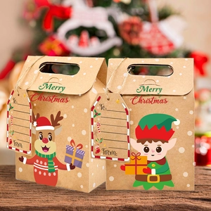 Cajas de regalo de Navidad en papel Kraft con diseños de reno y elfo, set de 24
