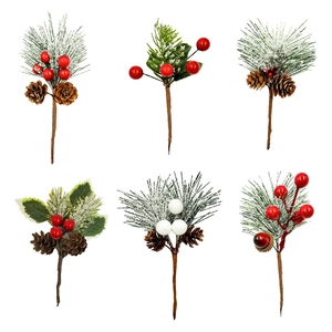 6pcs Christmas pine spray set with red berries, pine cones and frosted snow details