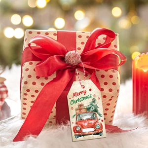 Vintage kraft paper Merry Christmas gift tags with red car and tree for festive packaging