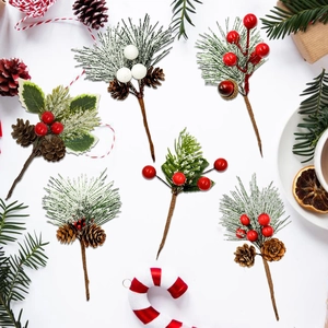 6-piece Christmas artificial bouquet set with snow pine needles and red berries
