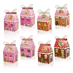 Rosa und braune 3D Weihnachts-Haus Geschenkboxen Set mit Adventskalender-Zahlen