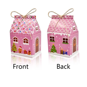 Vorder- und Rückansicht einer rosa Lebkuchenhaus-Bonbonschachtel mit Festtagsmotiven
