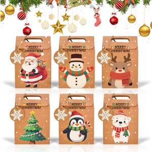 Christmas Kraft Paper Gift Boxes Cartoon Santa Snowman Reindeer Treat Bags With Handles And Snowflake Tags Festive Wrap