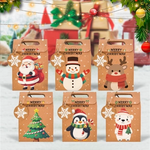 Set of 6 Christmas kraft paper gift bags with cartoon patterns and snowflake tags