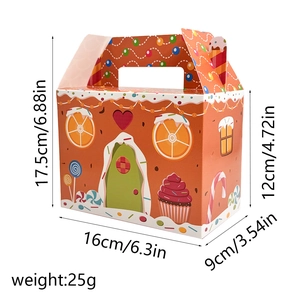 Christmas gingerbread house paper gift box with festive patterns and size dimensions