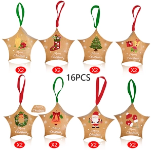 16PCS Christmas star-shaped kraft paper gift boxes with colorful ribbons in 8 festive designs