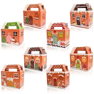 Detailed collection of eight gingerbread house paper gift boxes with festive holiday prints