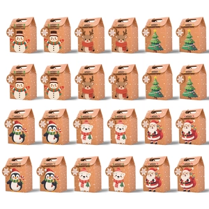 Set of 24 Christmas kraft paper gift bags with snowman and reindeer holiday patterns