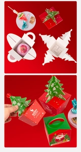 Detail of 3D Christmas tree lids on red and green gift boxes with festive illustrations