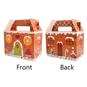 Front and back detail of Christmas gingerbread house gift boxes with festive candy patterns