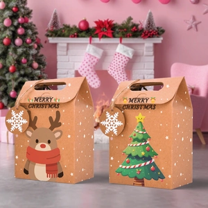 Detail of kraft paper Christmas gift bags with reindeer and tree patterns and snowflake tags