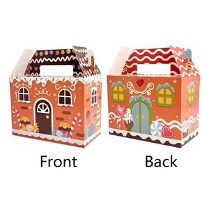 Macro view showing front and back of gingerbread house gift box with snowflake patterns