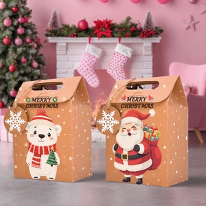 Detail of kraft paper Christmas gift bags with cartoon Santa and polar bear prints