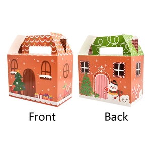 Front and back view of orange Christmas house-shaped gift boxes with festive illustrations