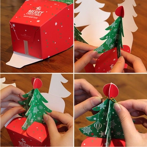 Christmas gift box with 3D tree design and red base shown in a four-grid assembly guide