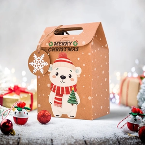 Christmas gift box in kraft paper featuring a polar bear and Merry Christmas text