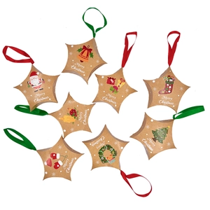 Eight star-shaped kraft paper Christmas gift boxes with festive patterns and silk ribbons