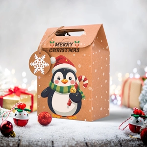 Detail of kraft paper Christmas gift bag with cartoon penguin and snowflake tag