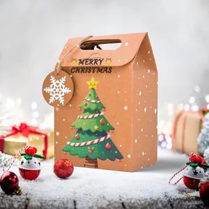 Detailed Christmas kraft gift box with snowflake tag and festive pine tree print