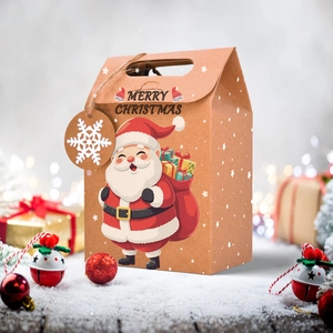Detail of kraft paper Christmas gift bag with Santa Claus print and snowflake tag