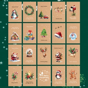 Vista dettagliata di 20 biglietti di Natale vintage in carta kraft con motivi festivi