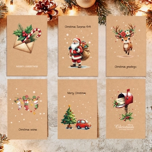 Set di 6 biglietti di auguri natalizi vintage in carta Kraft con disegni festivi