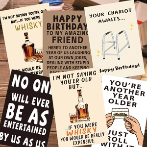 Variety set of humorous English birthday cards with vintage whisky and illustration designs