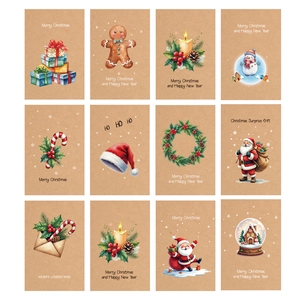 Set di 12 biglietti di Natale vintage in carta kraft con illustrazioni festive a mano