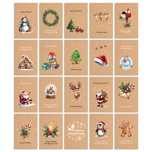 Vista dettagliata di 20 biglietti di Natale vintage in carta kraft con motivi festivi