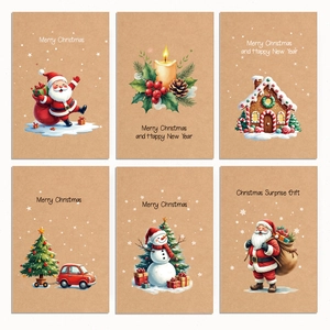 Dettaglio di biglietti di Natale in carta kraft vintage con illustrazioni di Babbo Natale