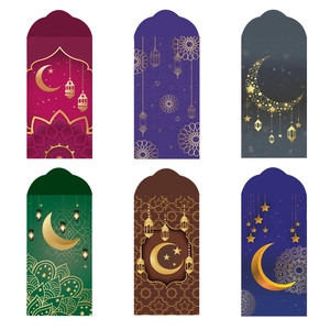 Set of 6 Eid Mubarak green and multicolored money envelopes with gold moon and star patterns