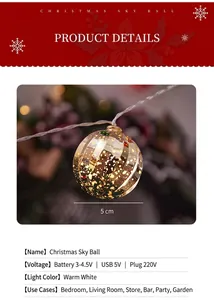 Macro detail of 5cm warm white LED Christmas star ball with golden glitter decor