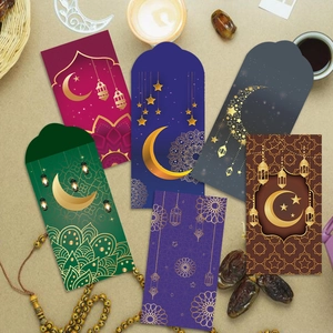 Eid Mubarak creative envelopes set with moon star patterns in six diverse colors