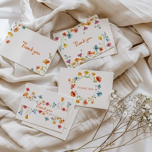 Détail de cartes de remerciement florales bohèmes et enveloppes sur tissu en lin blanc