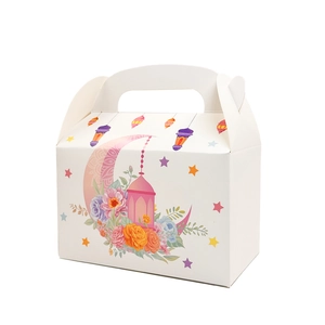 Detail of white paper gift box with Moon and Lantern print for Eid celebrations