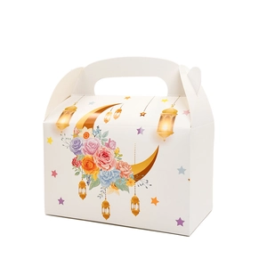 Detail view of Ramadan gable box with gold crescent moon and colorful floral print