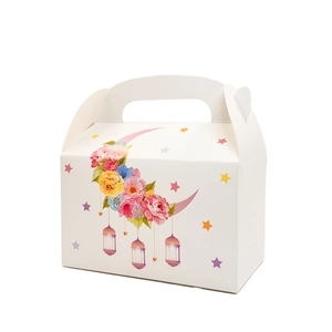 Detail view of cartoon flower moon printed white cardboard gift box with handle and heart cutout