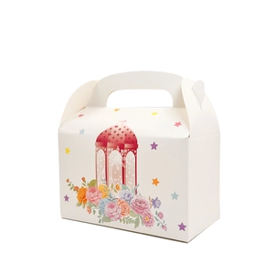 Detail of white paper gift box with festive floral print and integrated handle