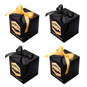 Umrah Mubarak Gift Boxes Black Paper Favor Case With Satin Ribbon Gold Kaaba Pattern Ramadan Eid Candy Packaging