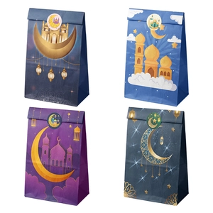 Eid Mubarak gift paper bags set with moon and mosque designs in blue, purple and grey