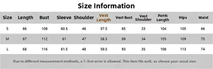 Detailed size chart for the three-piece blazer set including vest and wide-leg pants