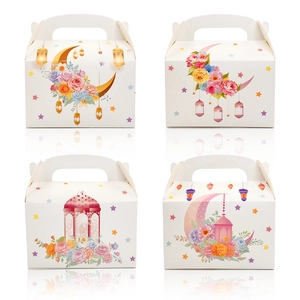 White Eid themed paper gift box with colorful moon and floral prints for desserts
