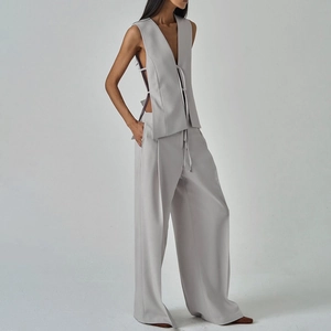 Women's 2-piece set with light grey V-neck tie-side vest and high-waisted wide-leg trousers