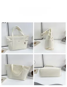 Multi-angle view of a cream canvas tote bag with side pockets and minimalist typography